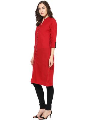 red plain cotton stitched kurti 3
