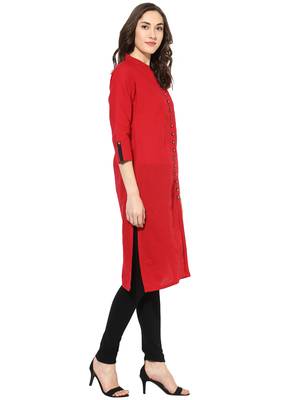 red plain cotton stitched kurti 4