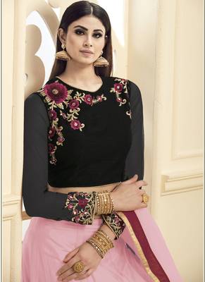 Pink hand woven net unstitched lehenga 4
