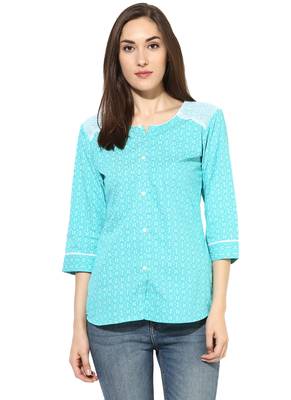 turquoise printed Cotton stitched kurti 1