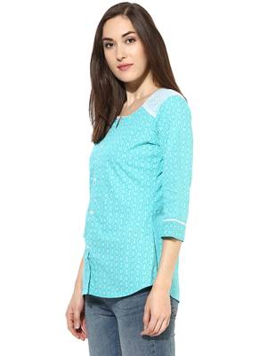 turquoise printed Cotton stitched kurti 3