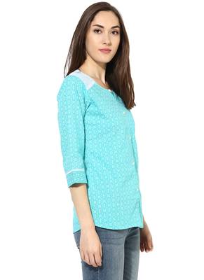 turquoise printed Cotton stitched kurti 4