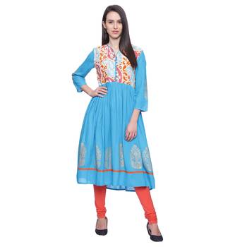 turquoise Printed rayon stitched kurti 1