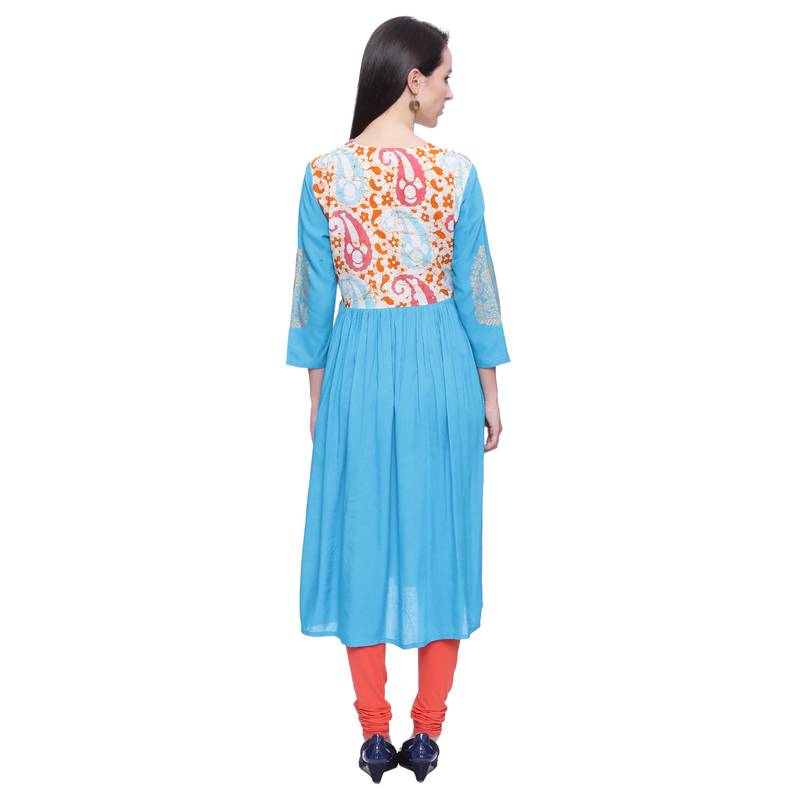 turquoise Printed rayon stitched kurti
