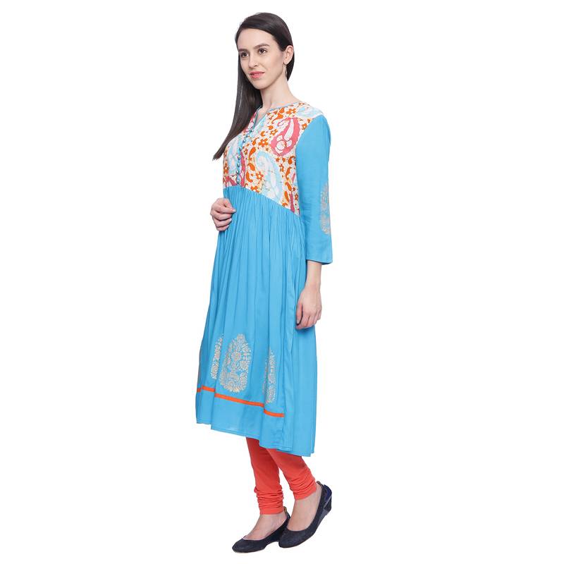turquoise Printed rayon stitched kurti