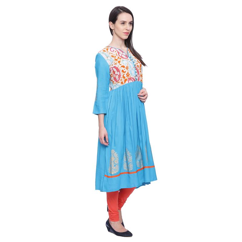 turquoise Printed rayon stitched kurti