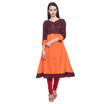 Orange Printed Cotton stitched kurti 1