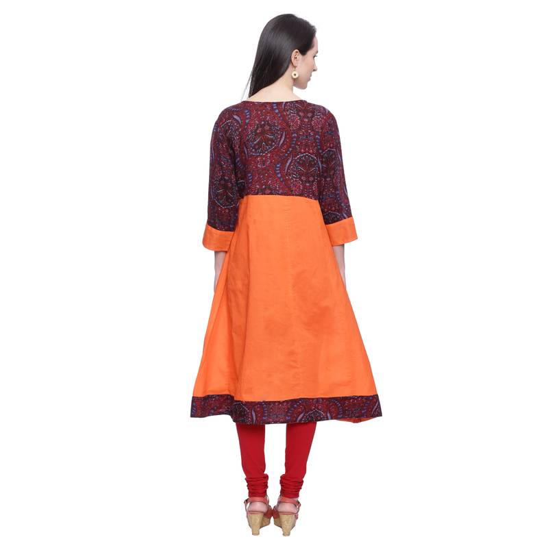 Orange Printed Cotton stitched kurti