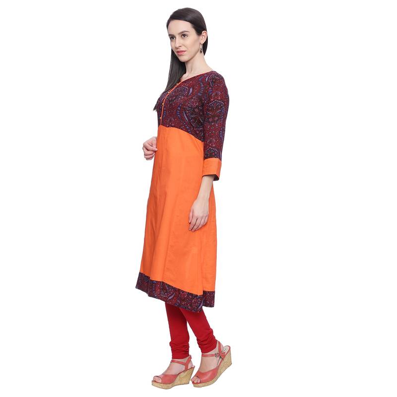 Orange Printed Cotton stitched kurti