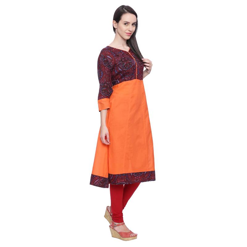 Orange Printed Cotton stitched kurti