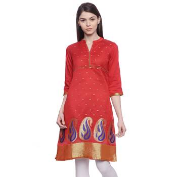 red Embroidered chanderi stitched kurti 1