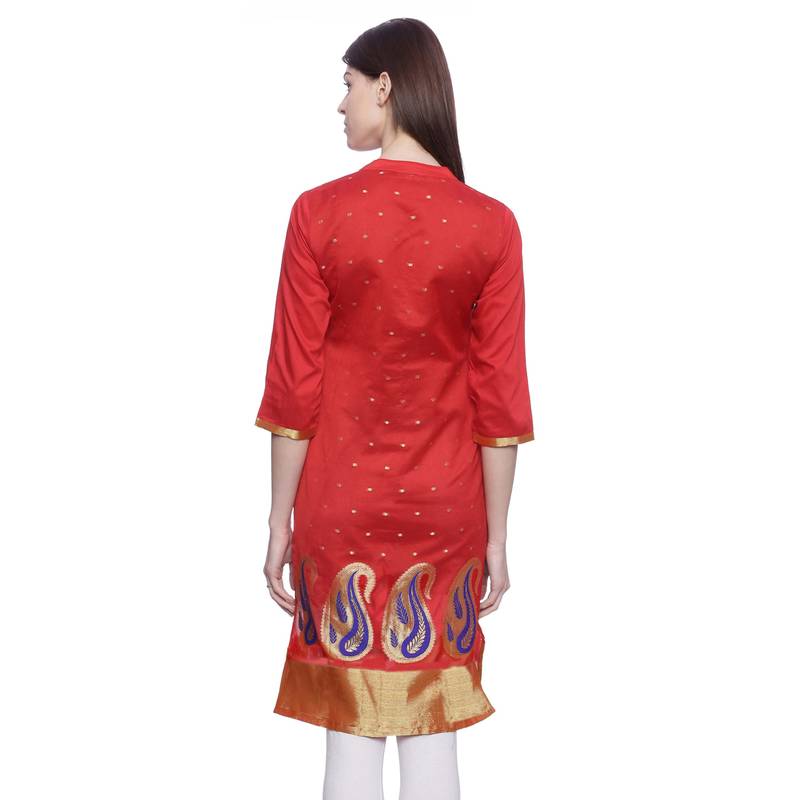 red Embroidered chanderi stitched kurti
