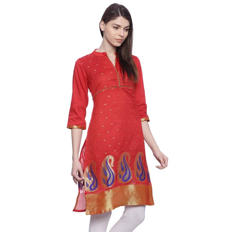 red Embroidered chanderi stitched kurti