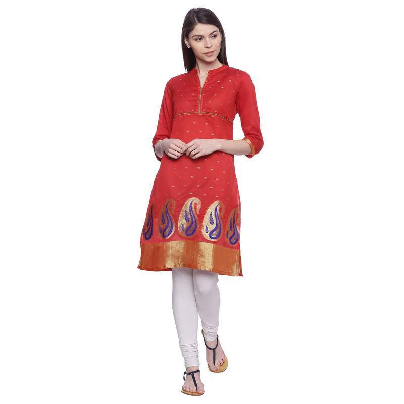 red Embroidered chanderi stitched kurti