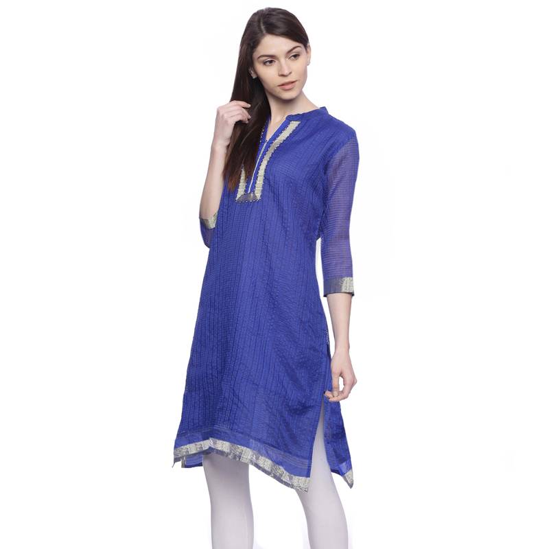 Dark_Blue Embroidered chanderi stitched kurti