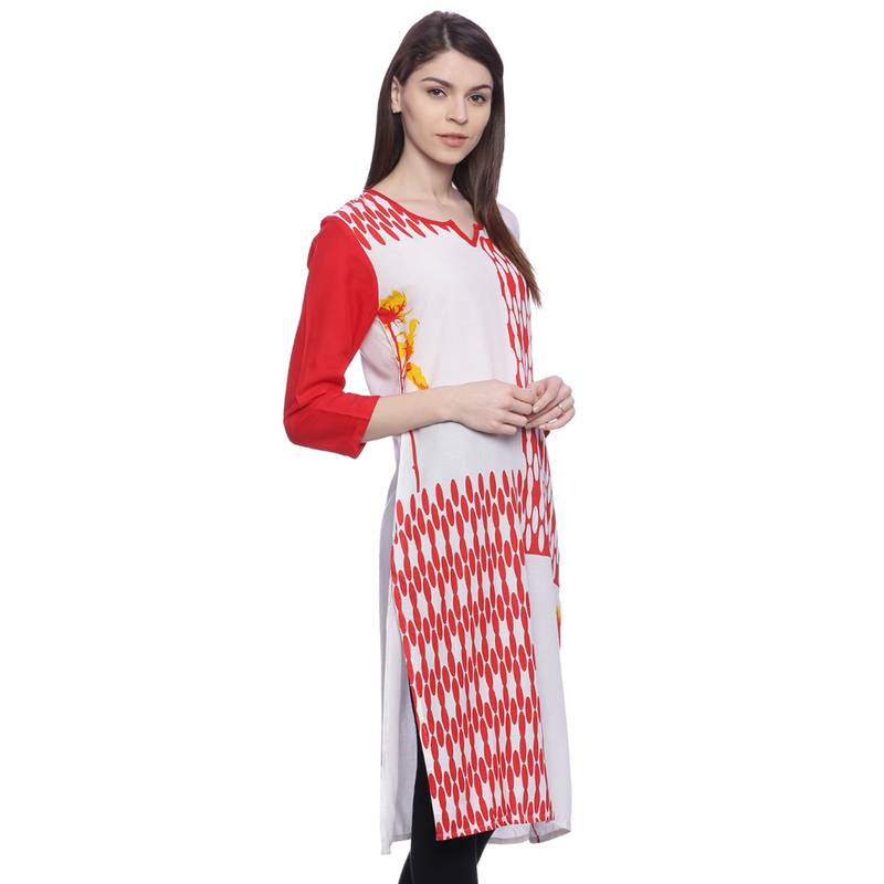 Red Printed rayon stitched kurti