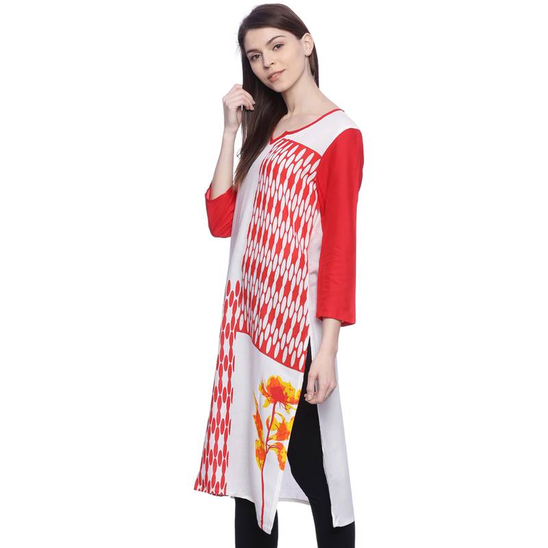 Red Printed rayon stitched kurti