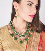 Kundan Multilayered Necklace Set With Green Onyx Tumble Stones And Pearls