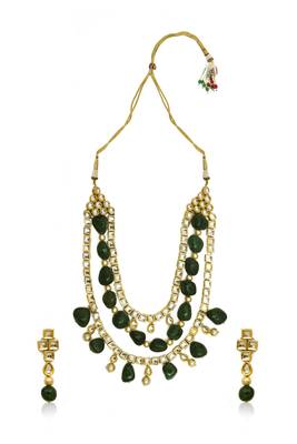 Kundan Multilayered Necklace Set With Green Onyx Tumble Stones And Pearls 2