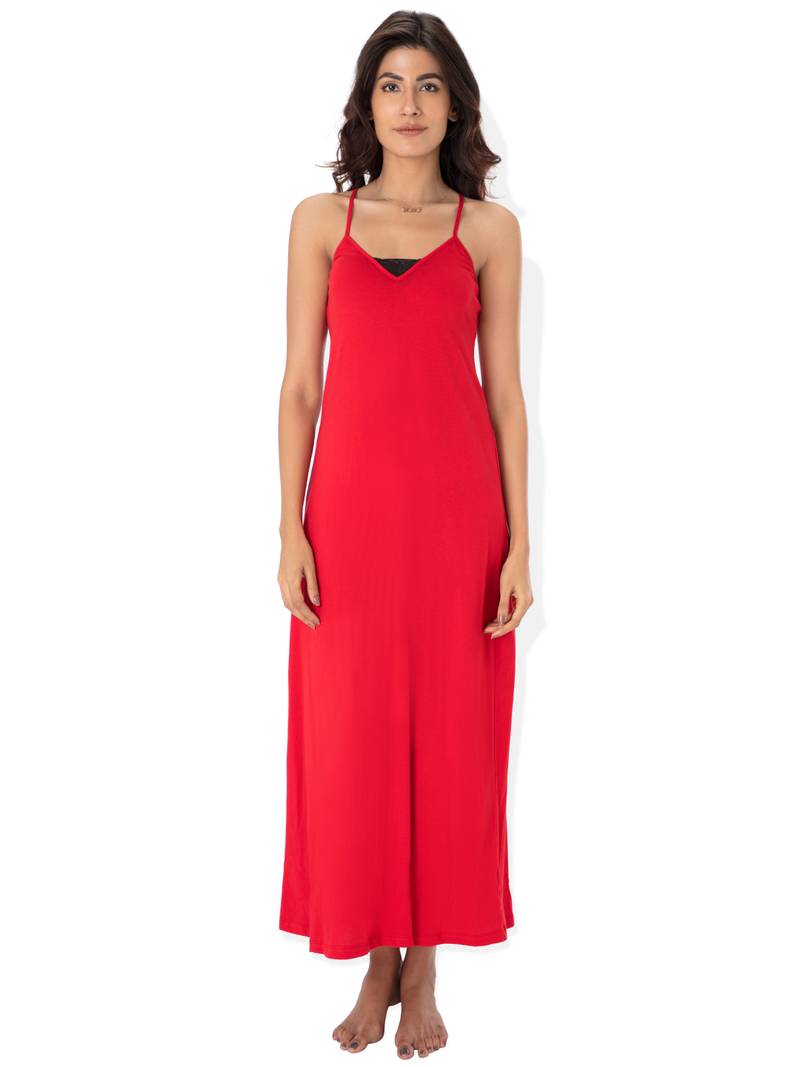 Red sleepwear Cotton and Lace Strappy Nightdress