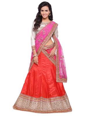 Orange Embroidered Silk Unstitched Lehenga With Dupatta 1
