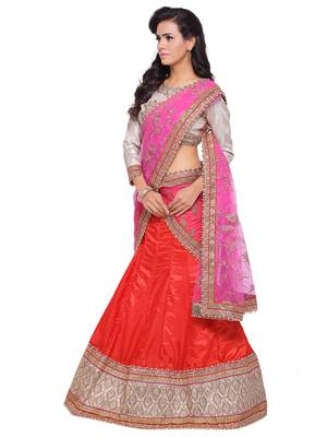 Orange Embroidered Silk Unstitched Lehenga With Dupatta 2