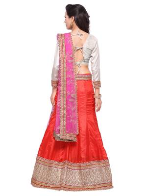 Orange Embroidered Silk Unstitched Lehenga With Dupatta 3