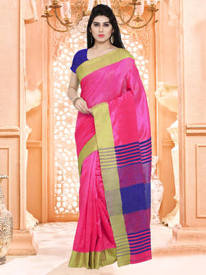 pink plain polyester saree with blouse 1