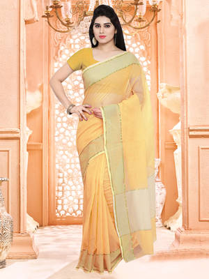 yellow plain super net saree with blouse 1