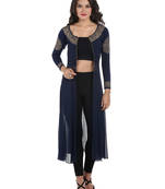 ira-soleil Navy Blue chiffon mix with Polyester lycra long open womens jacket