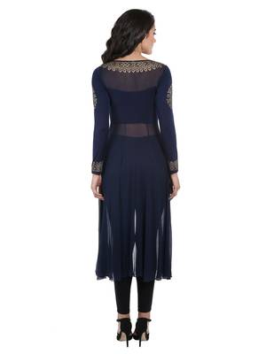 ira-soleil Navy Blue chiffon mix with Polyester lycra long open womens jacket 2