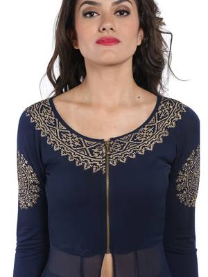 ira-soleil Navy Blue chiffon mix with Polyester lycra long open womens jacket 3