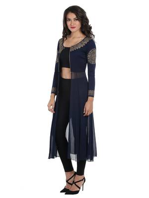 ira-soleil Navy Blue chiffon mix with Polyester lycra long open womens jacket 4