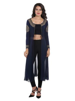 ira-soleil Navy Blue chiffon mix with Polyester lycra long open womens jacket 5