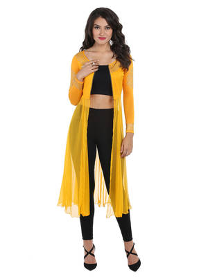 ira-soleil Yellow chiffon mix with Polyester lycra long open womens jacket 1