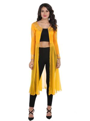 ira-soleil Yellow chiffon mix with Polyester lycra long open womens jacket 3