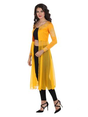 ira-soleil Yellow chiffon mix with Polyester lycra long open womens jacket 4