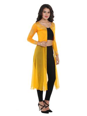 ira-soleil Yellow chiffon mix with Polyester lycra long open womens jacket 5