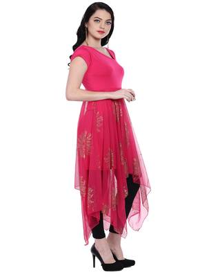 ira-soleil Pink printed net with Polyester lycra lining long womens kurti 1