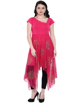ira-soleil Pink printed net with Polyester lycra lining long womens kurti 4