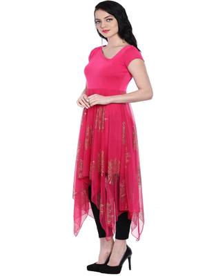 ira-soleil Pink printed net with Polyester lycra lining long womens kurti 5