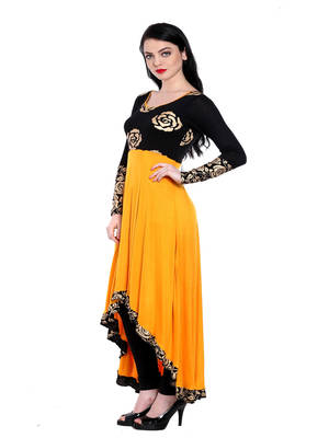 ira-soleil Yellow & Black high low Viscose lycra kurti 1