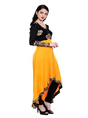 ira-soleil Yellow & Black high low Viscose lycra kurti 2