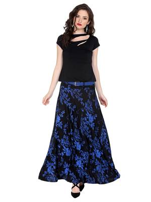 Ira soleil 2pc set of belt with Black all over printed flared polyester lycra skirt 5