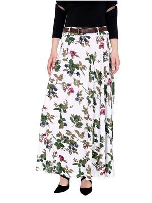 2pc set of belt with White all over printed flared polyester lycra skirt 2