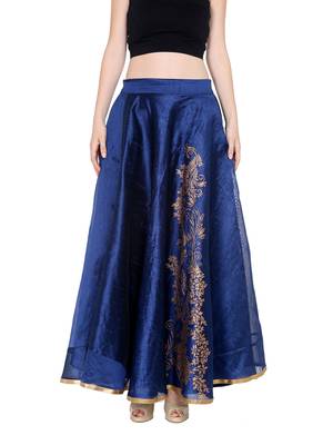 Ira soleil Blue made of poly dupiyon block printed flared skirt 1