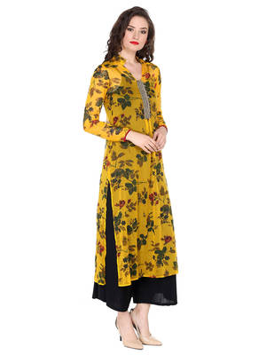 ira-soleil Yellow chiffon all over printed with embroideBlack placket long kurta 1