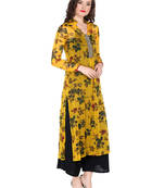 ira-soleil Yellow chiffon all over printed with embroideBlack placket long kurta