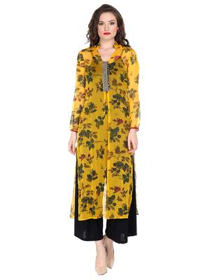 ira-soleil Yellow chiffon all over printed with embroideBlack placket long kurta 2
