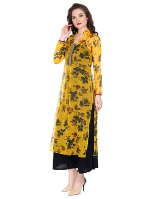 ira-soleil Yellow chiffon all over printed with embroideBlack placket long kurta 3